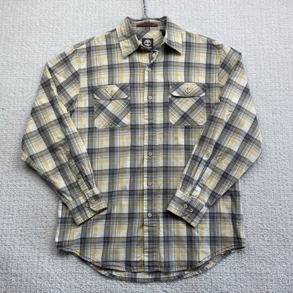 Timberland Button Down Shirt Men Sz M Yellow Plaid Long Sleeve Pockets Workwear* - Picture 1 of 13